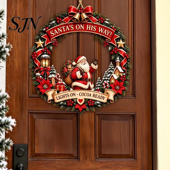 Indoor Outdoor Xmas Decoration Santa Claus Wooden Door Hanger for Christmas Decorations, Retro Holiday Wall Sign with Bows Bells And Home Entrance