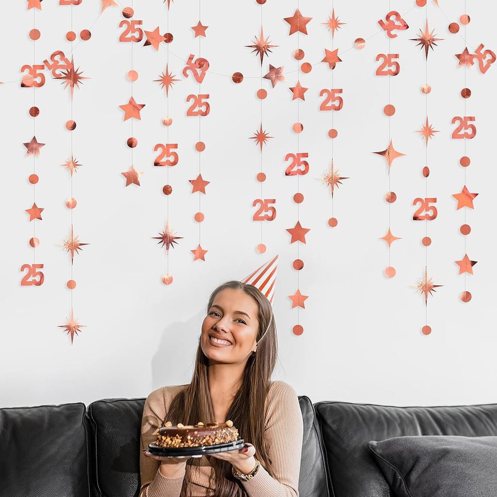 Rose Gold 25th Birthday Decorations Number 25 Circle Dot Twinkle Star Garland Metallic Hanging Streamer Bunting Banner Backdrop for Girls Twenty Five