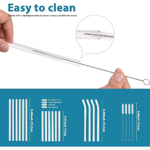 20 Pack Reble Glass Straws,6 Straight and 4 Bent and 6 Short Glass Straw with 4 Brushes,Perfect for Cocktail, Smoothies, Juice,