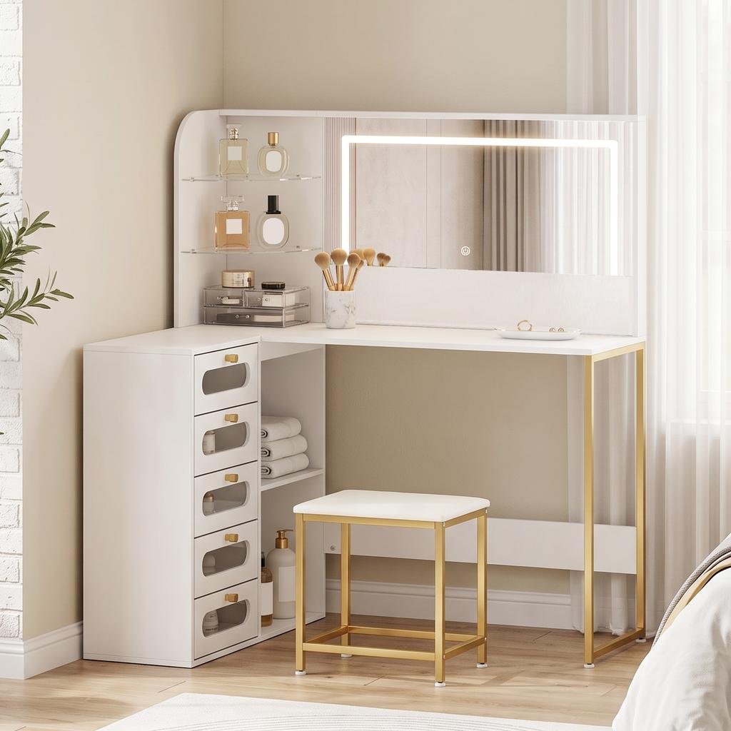 Dressing Table With LED Mirror And Stool L Shaped Vanity Desk With Drawers And Shelves White