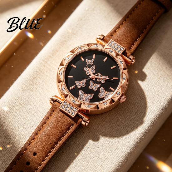 Ladies Watch Butterfly Artificial Leather Strap Quartz Rhinestone Casual Women