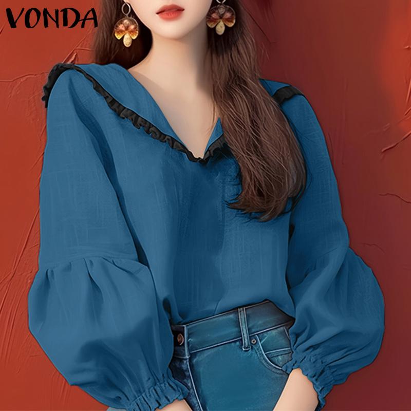 VONDA Women Casual Lace Lapel Long Sleeve Blouses