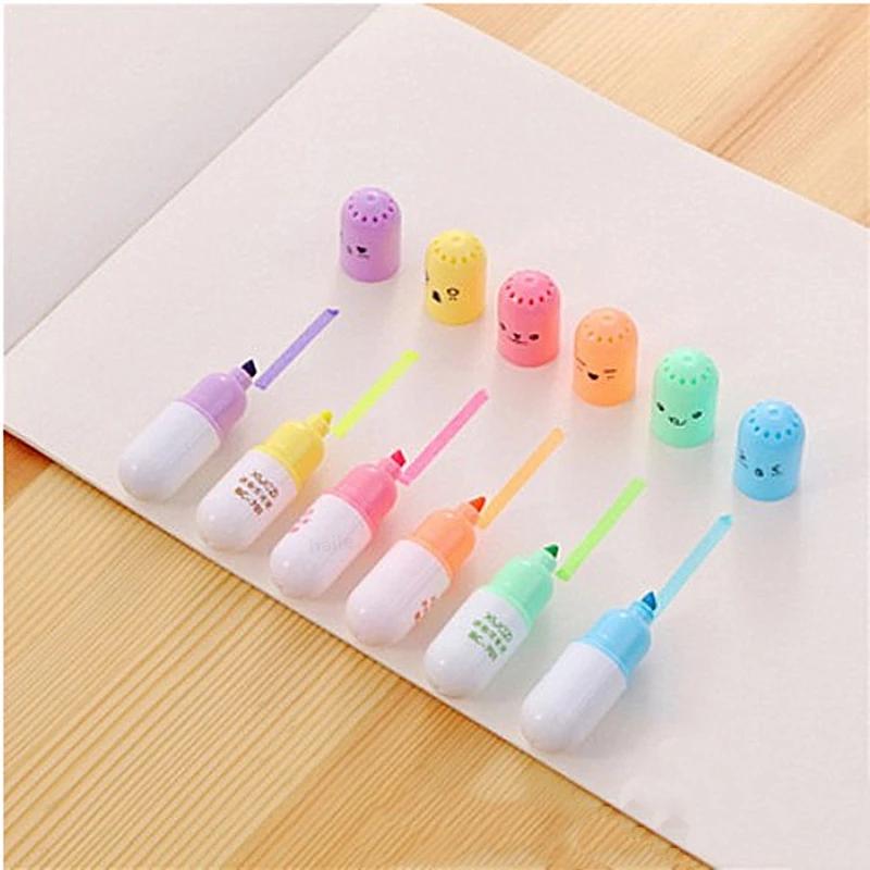 6 ks Kawaii Mini pilulky Zvýrazňovač Pero Kolekce Rozkošný Vtipný Usmívající se Tvář Fluorescenční Fixka Školní Kancelářské Umělecké Psací Potřeby