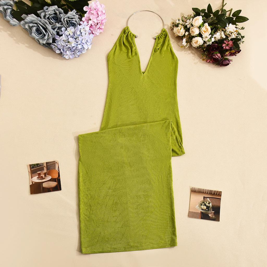 European and American New Women's Clothing New Sense Slim Deep V-neck Metal Neck Long Dress