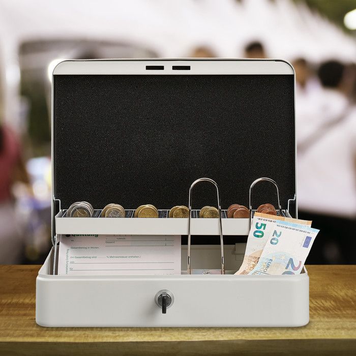 Relaxdays Cash Box, Lockable, Coin Sorter & 4 Banknote Compartments, Iron, Hlp 8.5 X 30.5 X 24.5 Cm, White