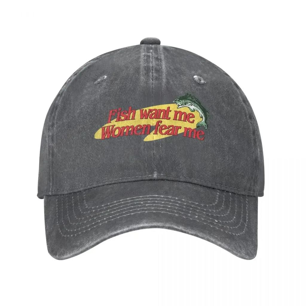 Fische wollen mich Frauen fürchten mich Baseballkappe Mode Used-Look Baumwolle Sonnenschutzkappe Unisex Stil Outdoor Sommerkappen Hut