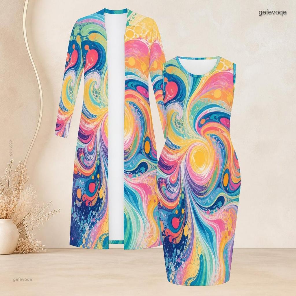 Women Plus Size Printed Two Piece Set Long Sleeve Open Front Cardigan Sleeveless Bodycon Dress Black Pink