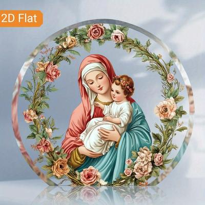 2D Flat Virgin Mary and Young Jesus Acrylic Decorative Sign, Floral Garland Design, Suitable for Wall Decoration, Porch, Room, Villa, Accents Home, Ha