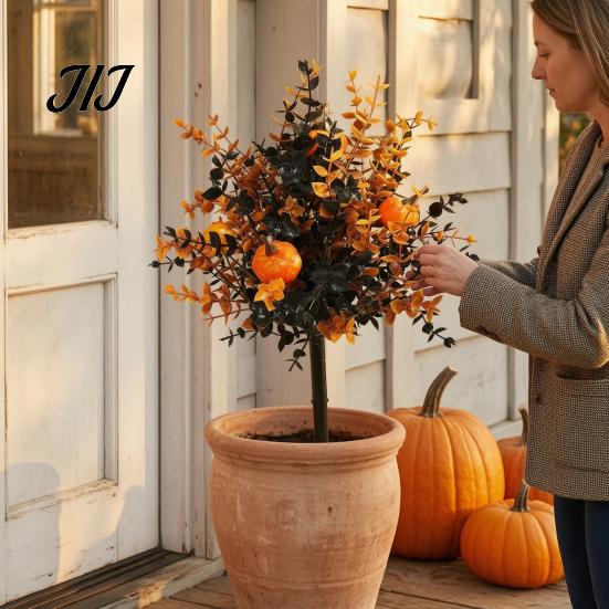 Harvest Themed Lawn Ornament Fall Pumpkin Topiary Trees with Stakes, Artificial Autumn Eucalyptus Leaf Gourd Weather Resistant Garden Walk Stakes