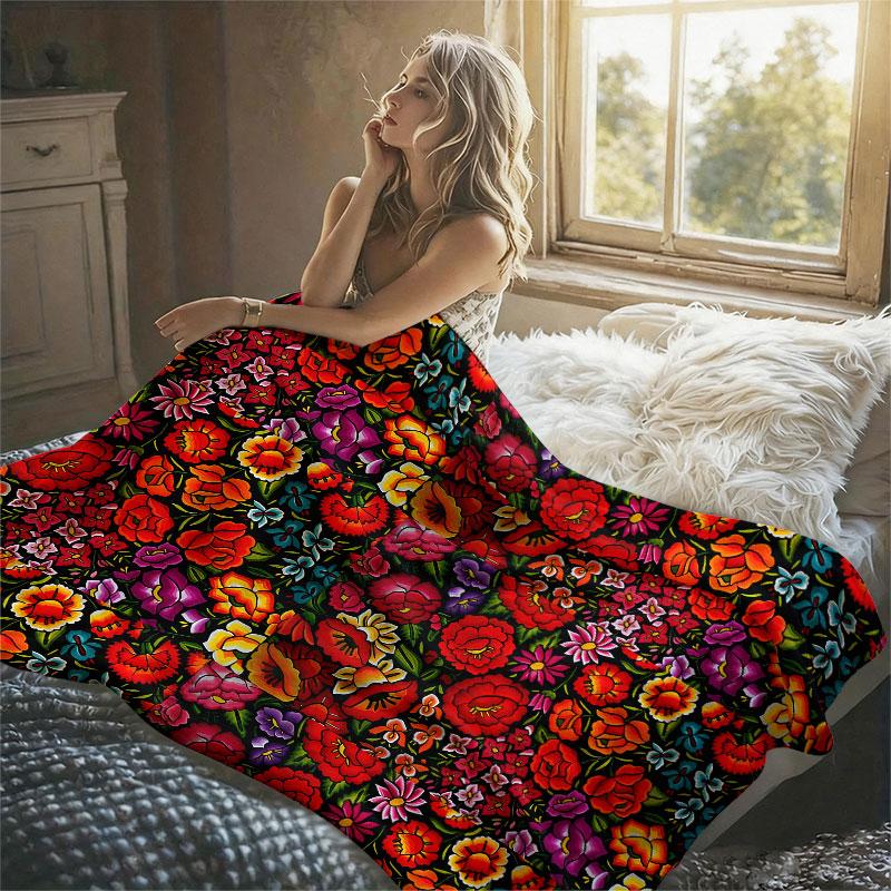 Mexican Floral Black Bright Flannel Blanket Perfect for Sofa Office Bed Travel Sleep Read Relax Camping Four Season Use