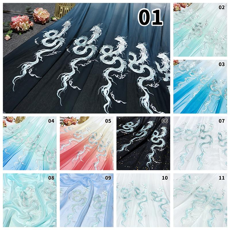 1M Chinese Style Dragon Embroidery Fabric 30D Gradient Tulle Fabric DIY Sewing Hanfu Wedding Dress Antique Cheongsam Costume