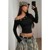 Women Solid One Shoulder Long Sleeve Cropped Tight Casual T Shirt