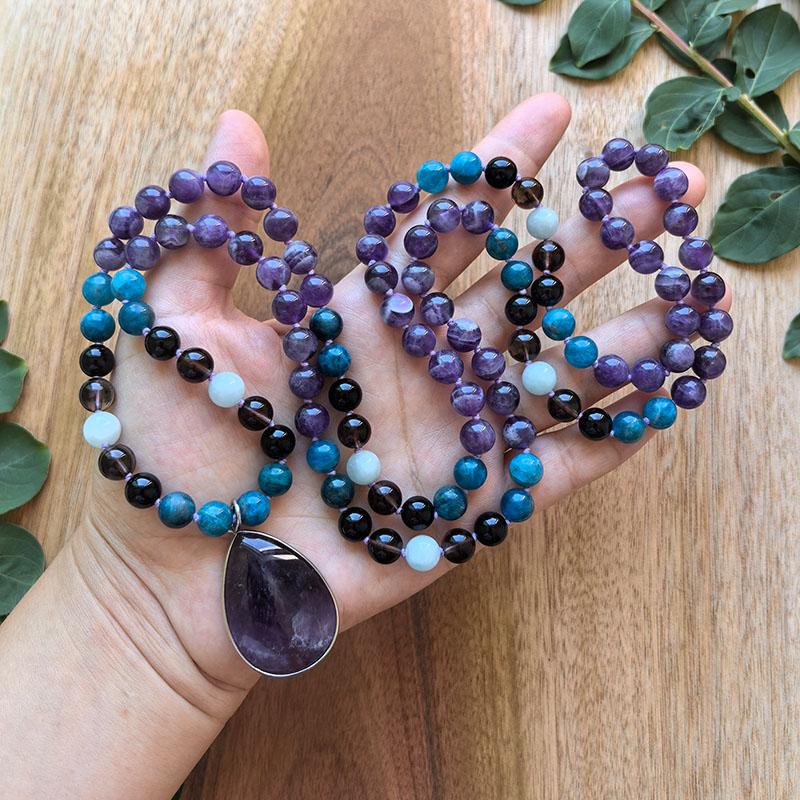 Aquamarine,Apatite,Smokey Quartz,Amethyst,Black Onyx,108 Beads Mala Necklace,Hand Knotted Meditation Necklace,Yoga Jewelry Gift