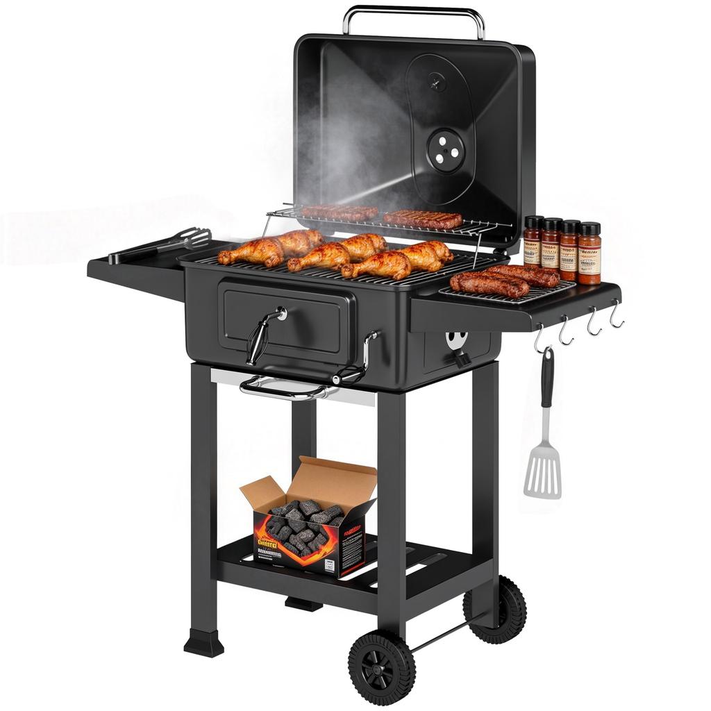 Holzkohlegrill BBQ Smoker mit Deckelthermometer Höhenverstellbare Kohleschale Grillrost Seitentisch Ascheschale