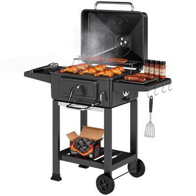 Charcoal Grill BBQ Smoker with Lid Thermometer Height-Adjustable Charcoal Pan Grill Grate Side Table Ash Tray