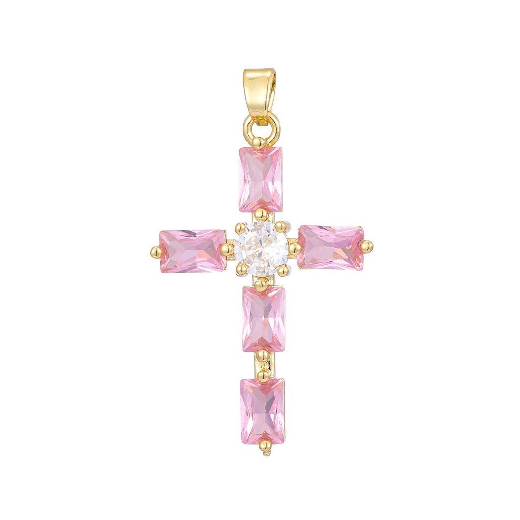Gold-Plated Multi-Color Zirconia Cross Necklace with Full Diamond Design