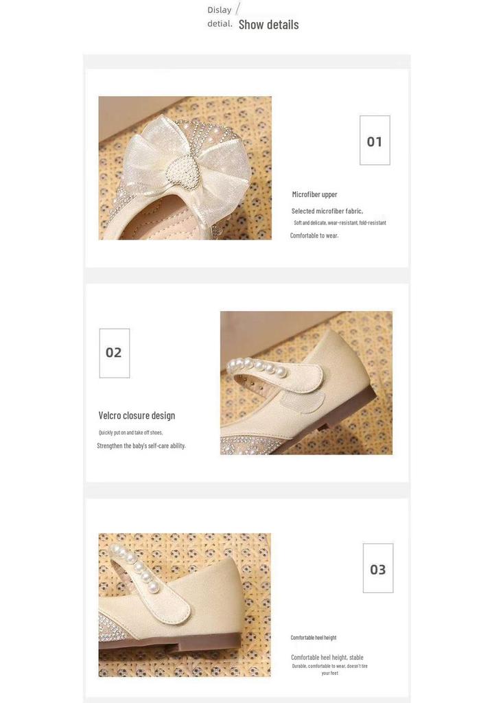 2026 Spring Girls' Princess Pearl Bow Leather Dress Shoes with Rhinestones - Korean Style, Soft Sole