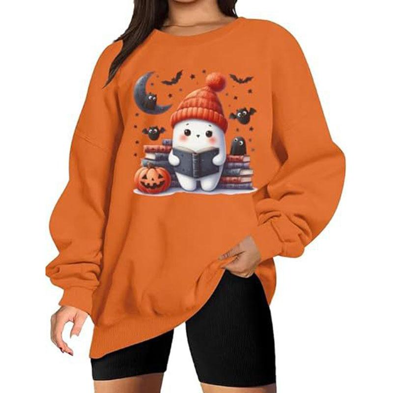 Hallowmas Ghost Print Long Sleeve Sweatshirt Women Crew Neck Oversized Pullover Top