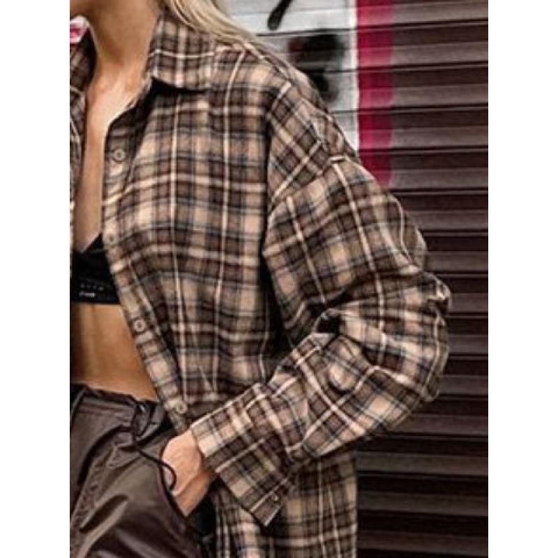 

Літня ретро картата сорочка жіноча подовжена з почуттям дизайну базова картата сорочка вільного крою AK1071 L