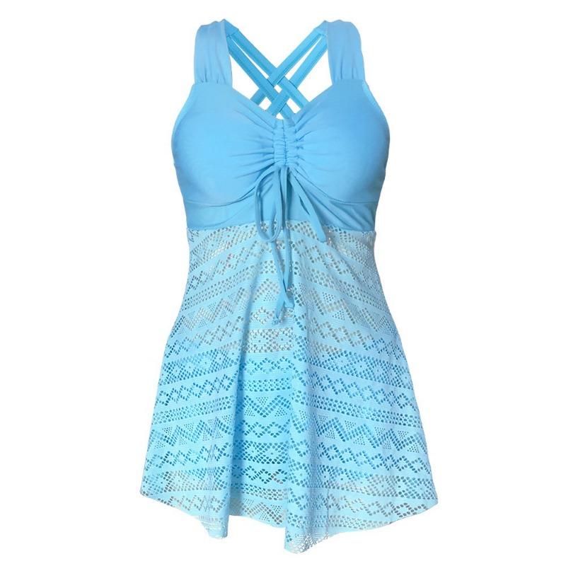 Women's Pink Lace Overlay Crisscross Back Drawstring Tankini Swimsuit