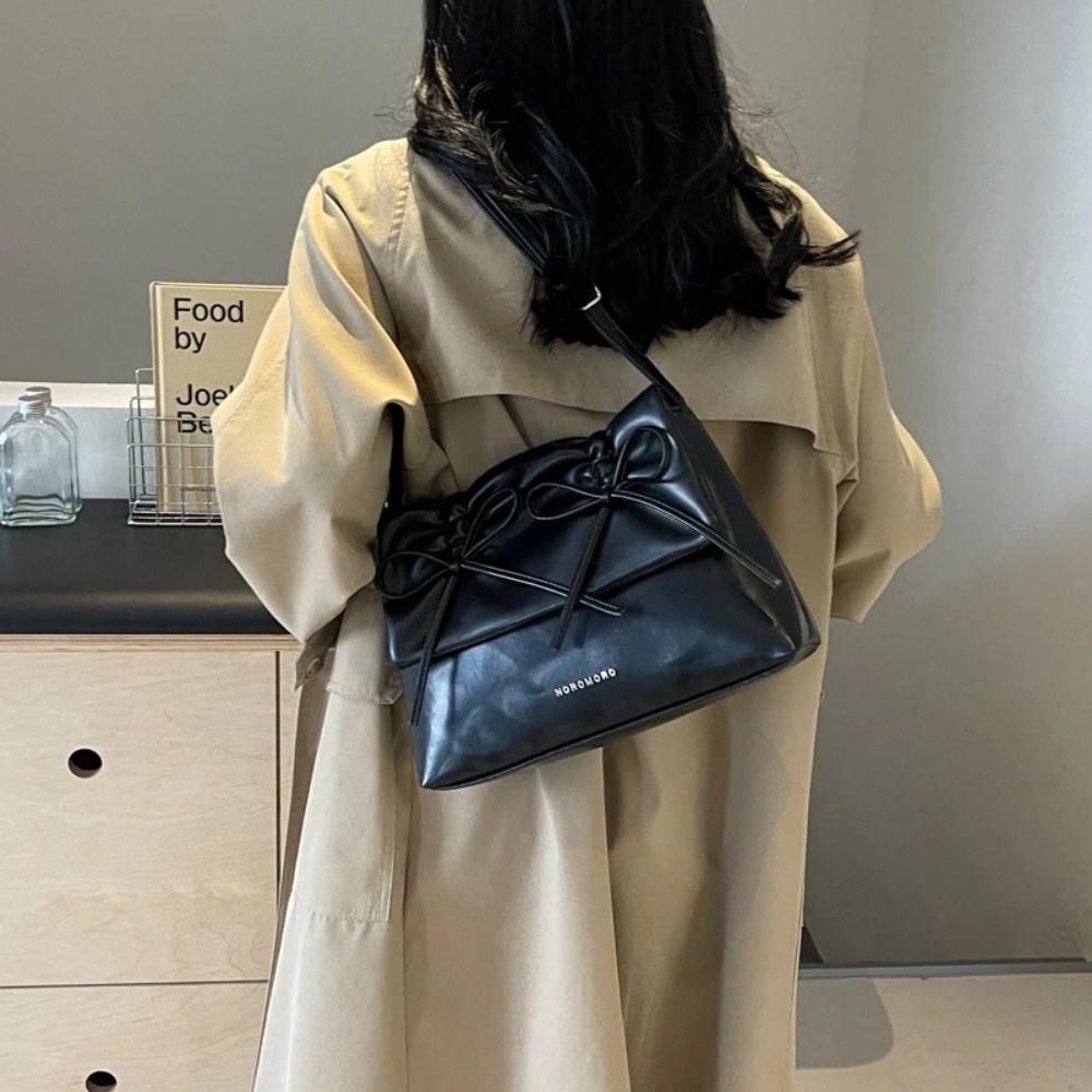 Korean Style Balletcore Bow Handbag Shopping Bag PU Leather Underarm Bag  Women