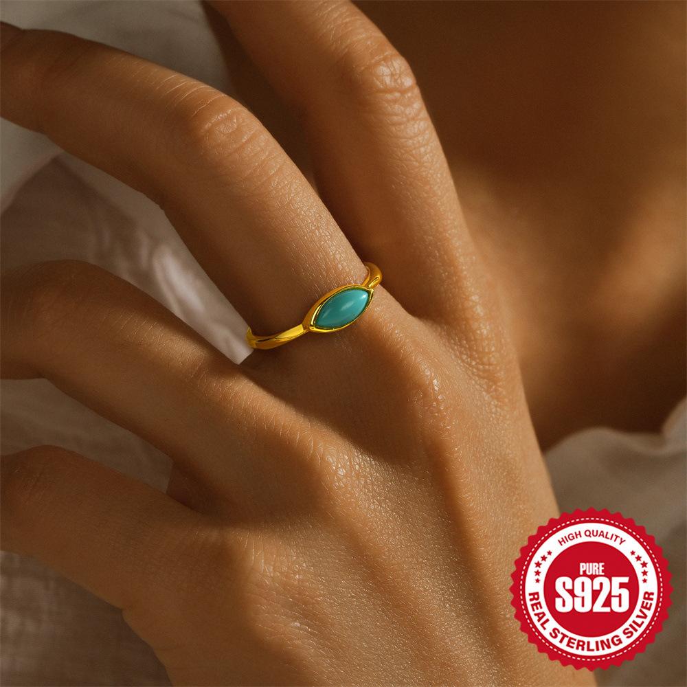 S925 Sterling Silver Turquoise Horse Eye Stud Earrings Women'S Necklace Ring Set Japanese And Korean Temperament Niche High-End Jewelry Set