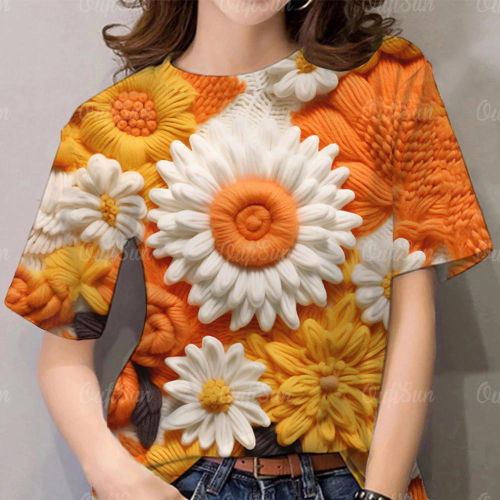 3D Printed Women's Flower T-shirt Casual Short Sleeve Large T-shirt