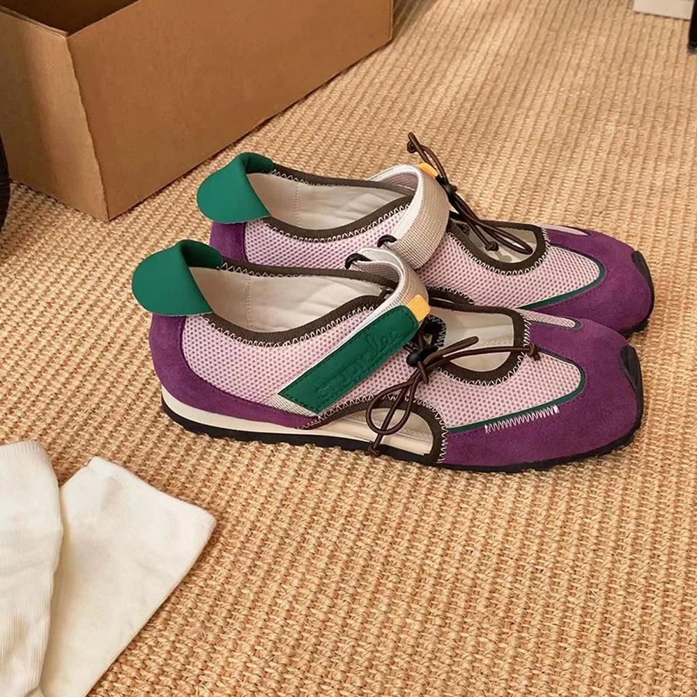 Leather Version Mary Jane Shoes Casual Drawstring Soft Bottom Women's Spring Summer Leisure Sporty Contrast Color Slip-On