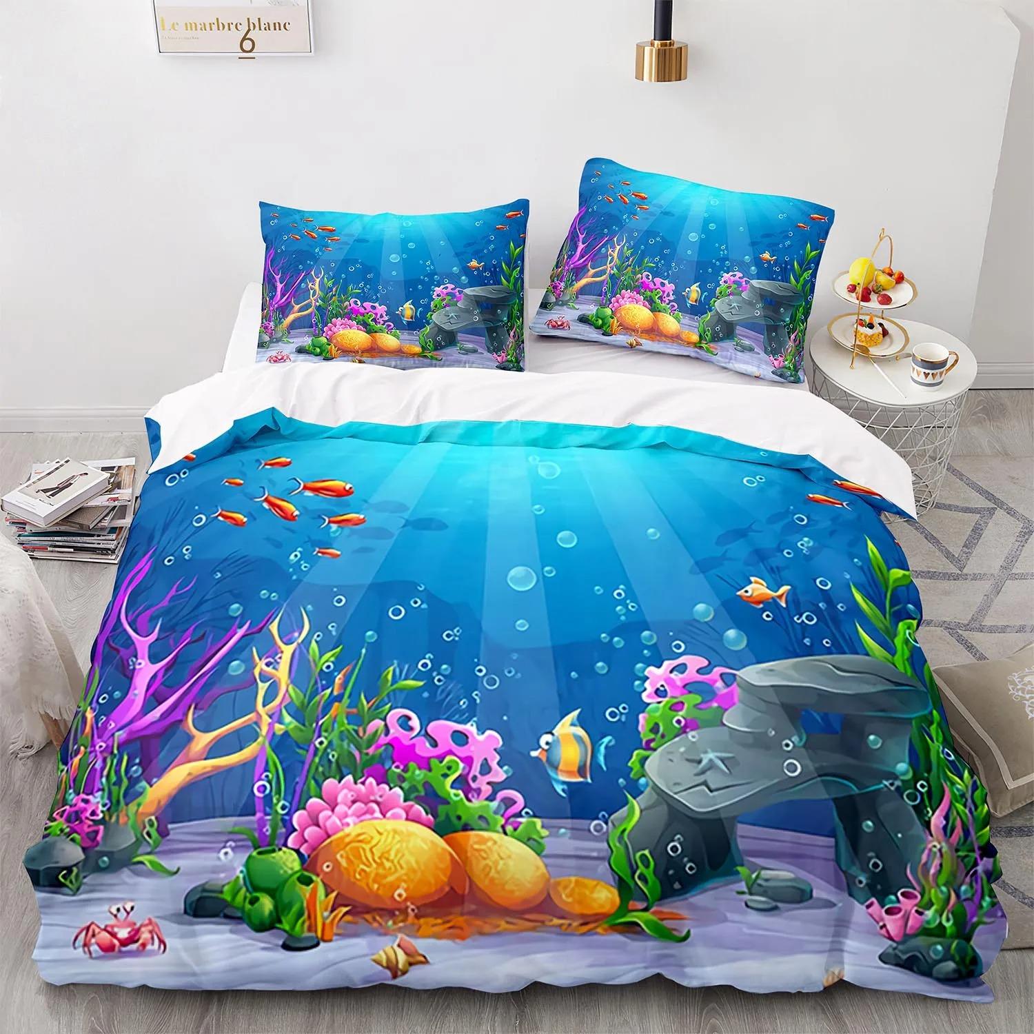 

Blue Sea World Bedding Sets 3D Print Sea Animal Dolphins Sharks And Cartoon Quilt Queen Duvet Cover Set Kids Adult Bedclothes 70x133cm