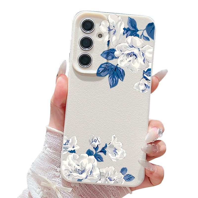 Funda Floral de Gardenia Blanca Para Samsung S26 S25 S24 Ultra S23 S22 S21 FE A15 A16 A17 A26 A35 A36 A37 A54 A55 A56 A57 5G Cubierta de Silicona con Textura de Cuero