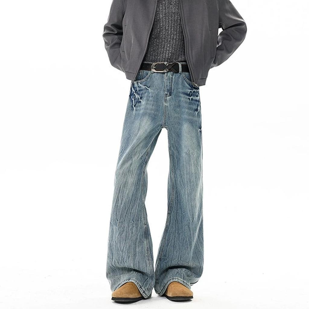 American high street lightning pattern micro-pull jeans men's trendy brand loose retro straight versatile wide-leg trousers men's clothing