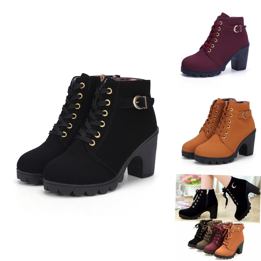 Elegant Women High Heels Lace Up Ankle Boots With Zipper And Buckle Platform