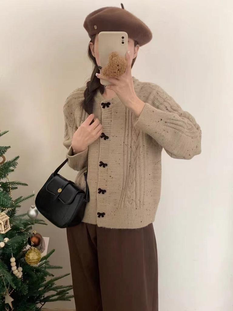Gentle wind bow knitted sweater jacket women's design sense niche temperament soft waxy women's knitted cardigan