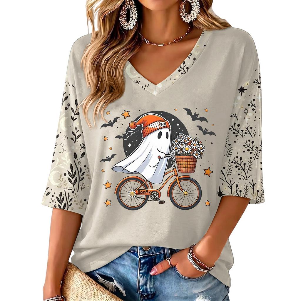 Women's V-Neck Halloween Print Casual Three-Quarter Sleeve Top