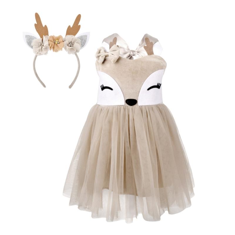Girl Deer Costume Accessories with Dress and Headband Christmas Elk Dress Up Outfit for Kid Halloween Christmas Cosplay