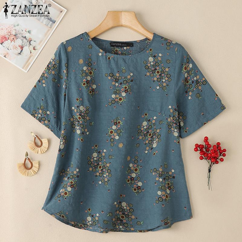 ZANZEA Women Casual Round Neck Half Sleeve Loose Floral Print Blouse