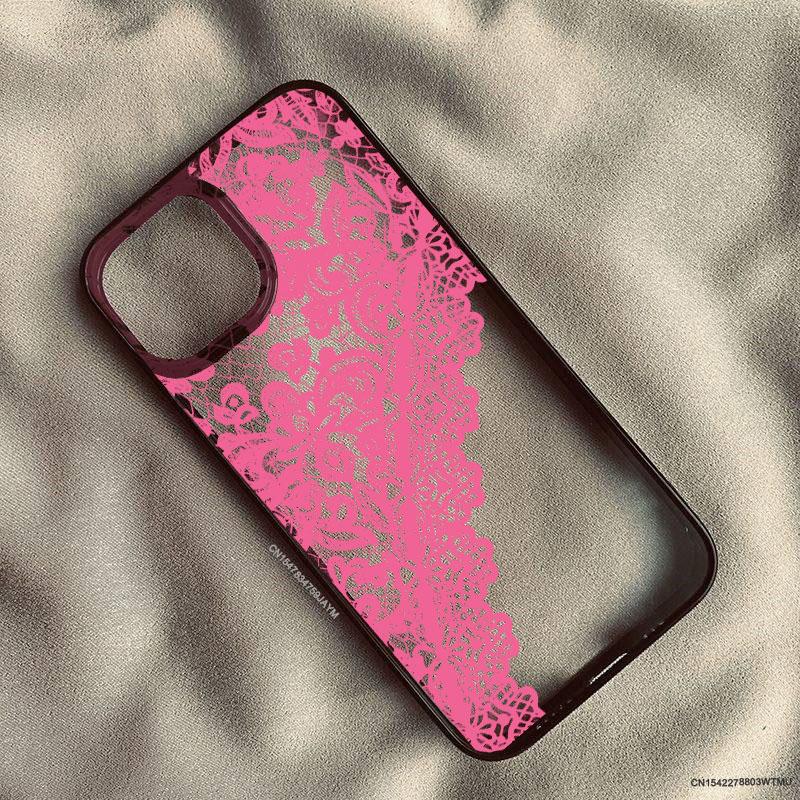 Wine Red Black Lace Printed Phone Case For iPhone 15 17 16 Pro 14 13 12 11 XR XS Max 7 8Plus Pattern Shockproof Clear Hard Cover