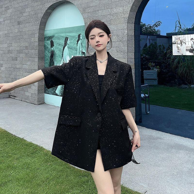 Women Summer Black Starry Sky Loose Padded Shoulder Sequined Short Sleeve Blazer Glittery Design Casual Fashion Outerwear Top