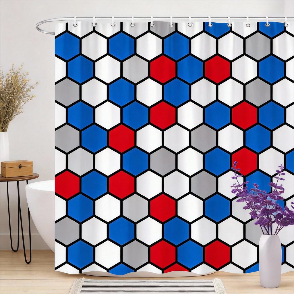 Modern Geometric Shower Curtain 180X180Cm – Red Black Gray Interlocking Shapes On White, Minimalist Bathroom Decor, 12 Hooks
