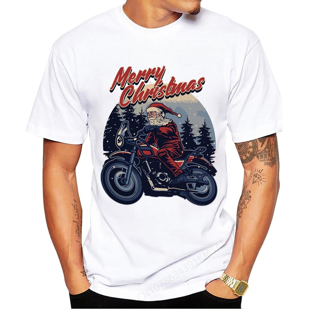 Funny Christmas Tees Motor Bike Men T-Shirts Vintage Santa Motorcycle Print Short Sleeve T-Shir