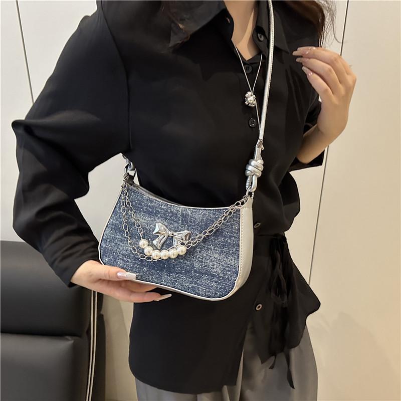 Metal Bow Women's PU Small Shoulder Bag Pearl Chain Sweet Cool Girls Underarm Bags Handbags Portable Female Messenger Bag