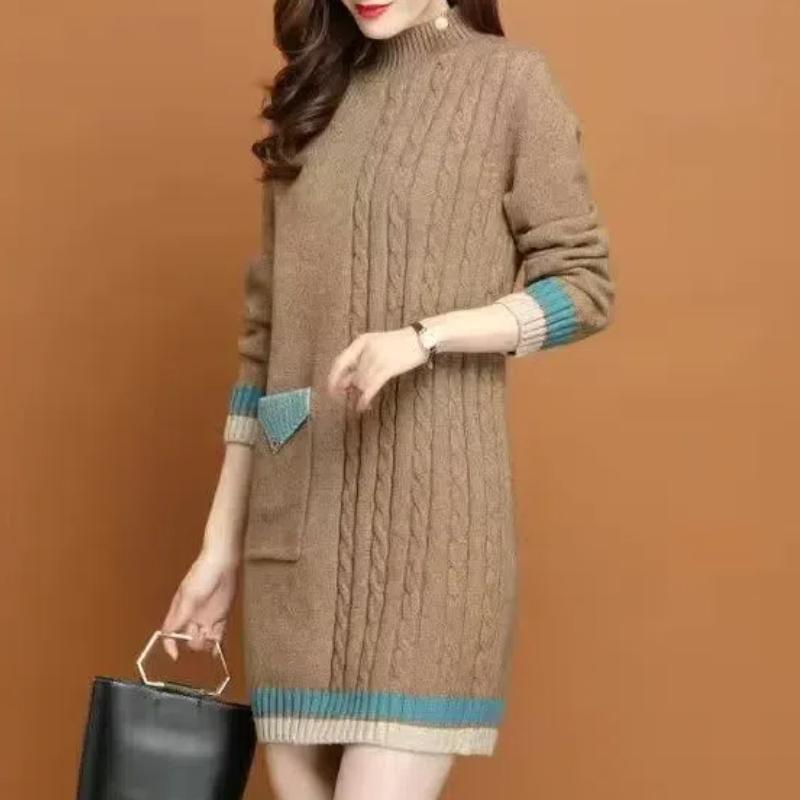 

Женские осенне-зимние новые толстые платья средней длины в корейском стиле с высоким воротником и карманами в стиле пэчворк на пуговицах с вязаным свитером XXXL