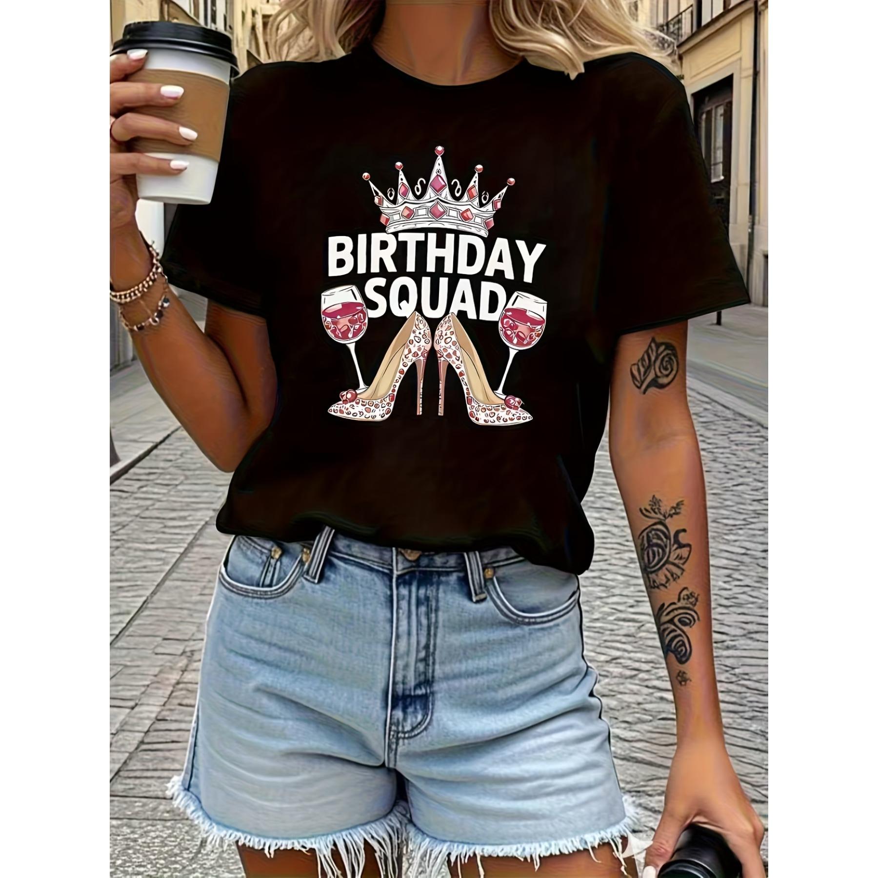 

Женская футболка с принтом BIRTHDAY SQUAD , Черная футболка с коротким рукавом и круглым вырезом S