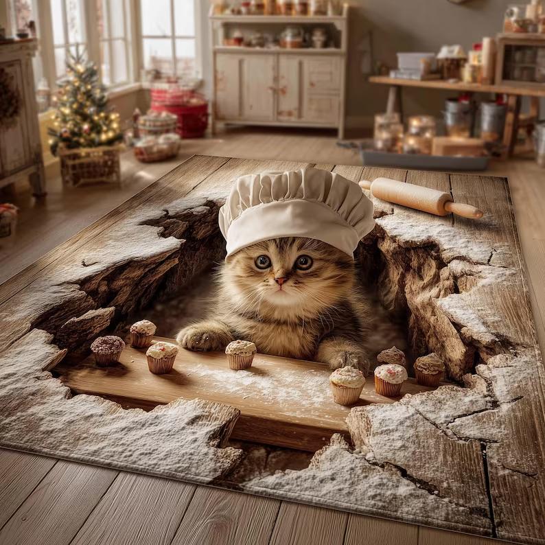 

3D Cat Illusion Area Rug Cute Kitten Floor Carpet Home Decor Vintage Area Carpet Mat Rug Home Decor Modern Living Room Floor Rug 40X60cm