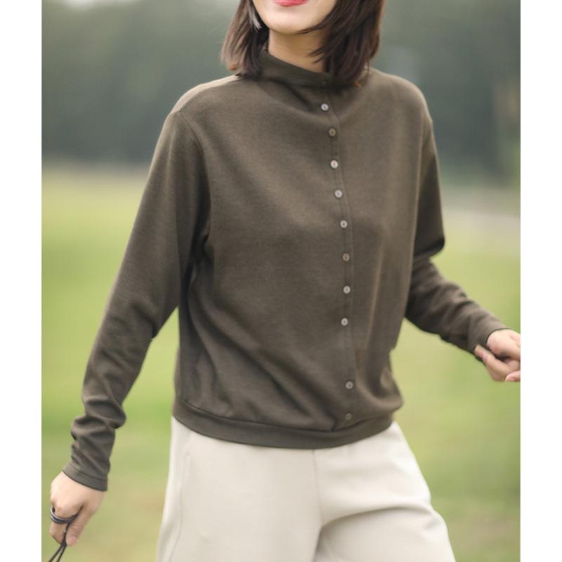 Women's Autumn/Winter Stand Collar Brushed Fabric Base Layer T-Shirt - Loose Slimming, Skin-Friendly Top