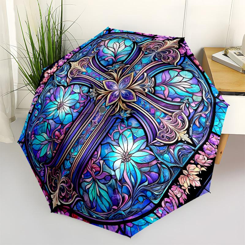 1pc Stained Glass Cross Automatic Open/close Umbrella, 8-Rib Sturdy Structure, Auto Folding/Opening, Portable Travel Umbrella for Women,026