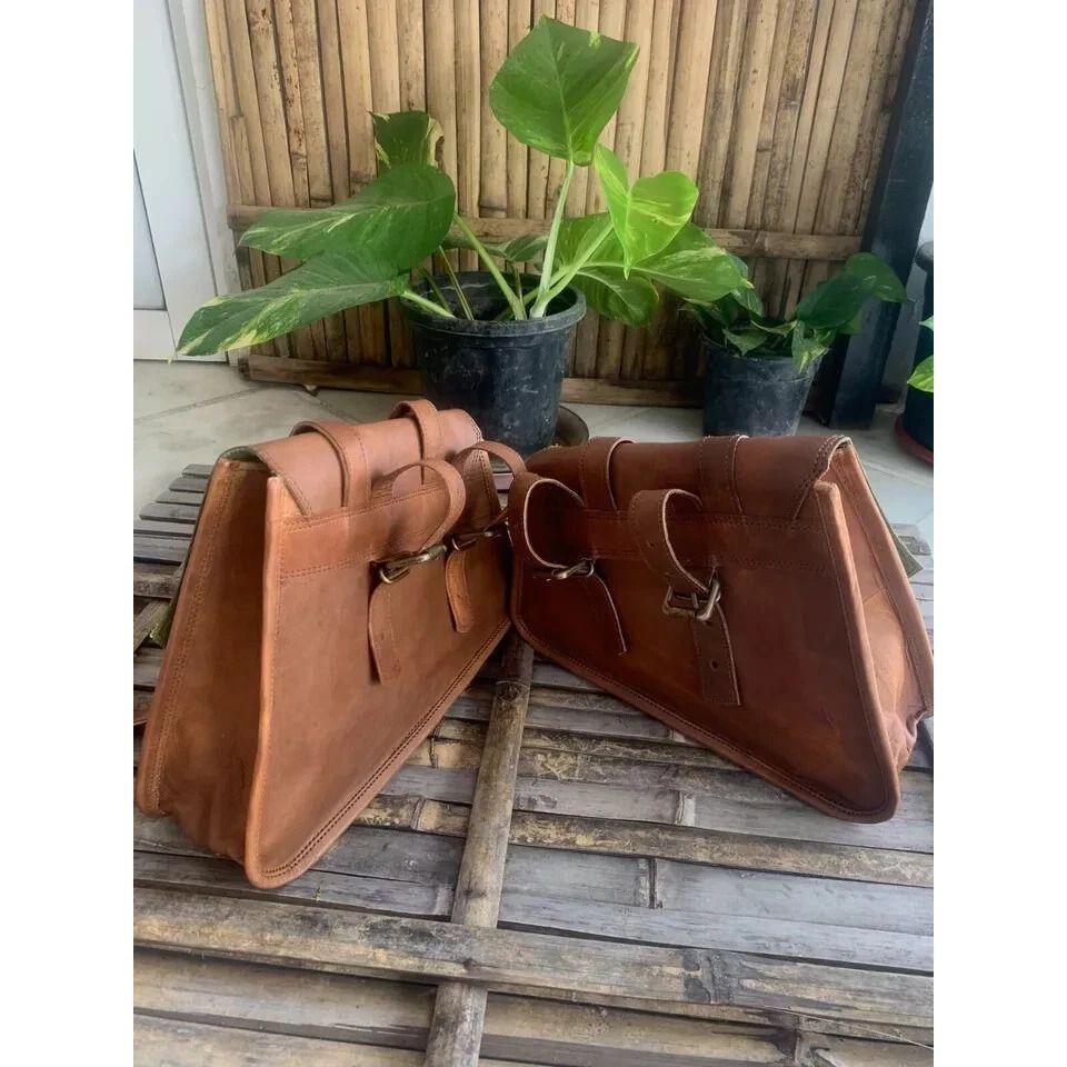 Motorcycle Saddle Leather Bags two Saddlebag Luggage Bag (Free Sling Brown Bag Size - 9 x 7 x 3 in )