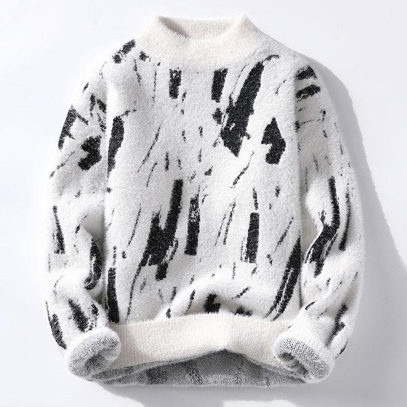 Men's Graffiti Print Semi-High Neck Thick Sweater Knitwear
