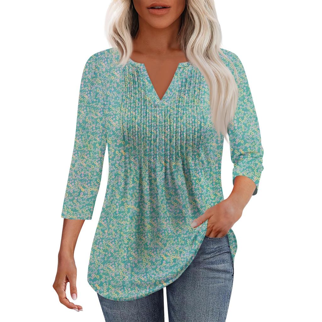 Modisches, lässiges T-Shirt mit plissiertem V-Ausschnitt und einfarbigen Siebenviertelärmeln für Damen