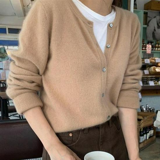 2025 A/W Women's Knit Cardigan: Round Neck, Long Sleeve, Loose Wool Pullover, Comfortable Solid Color Sweater